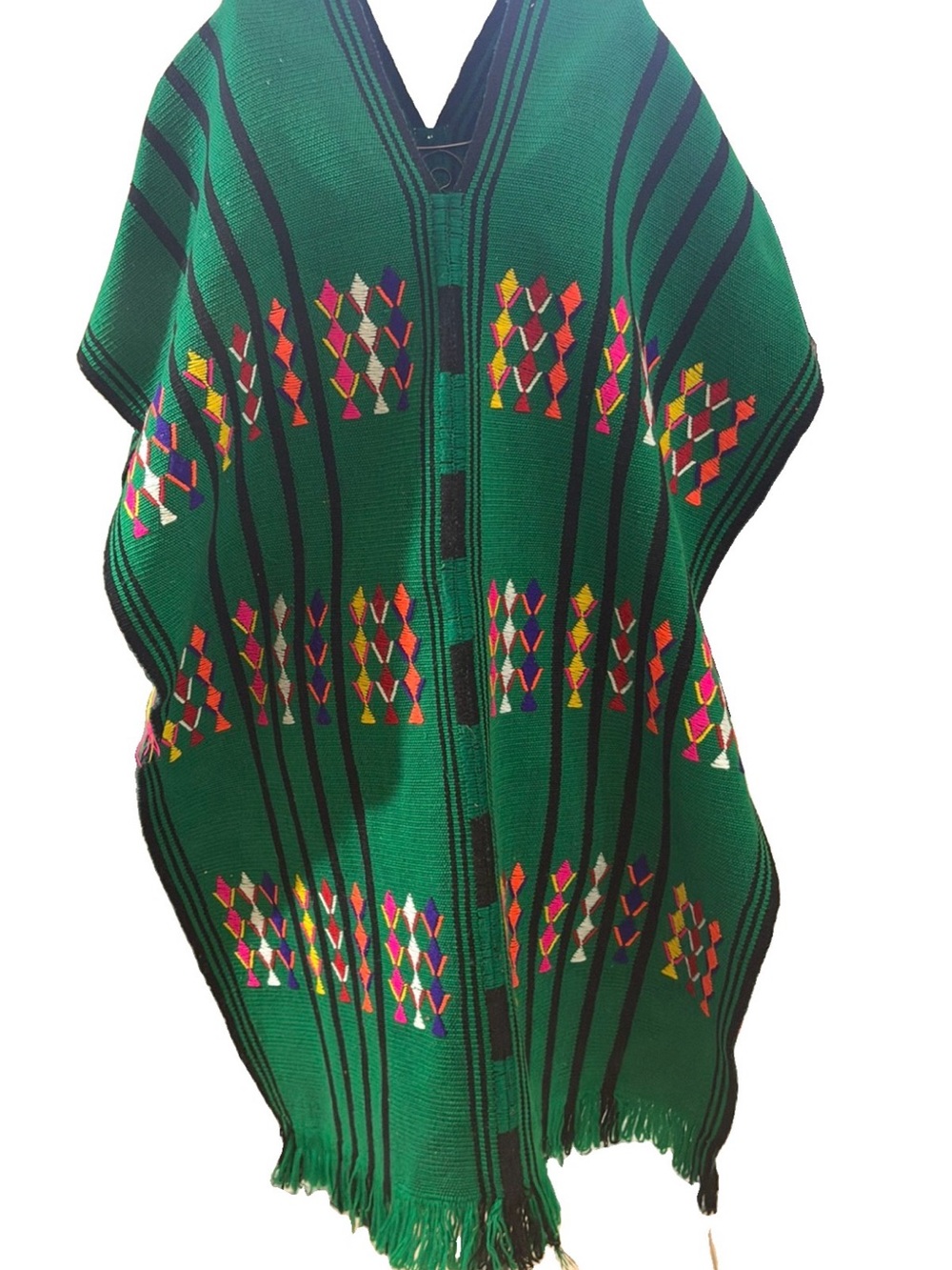 Vintage Handmade Latin Cultural  Poncho Hand Woven Green Textiles Embroidery OS